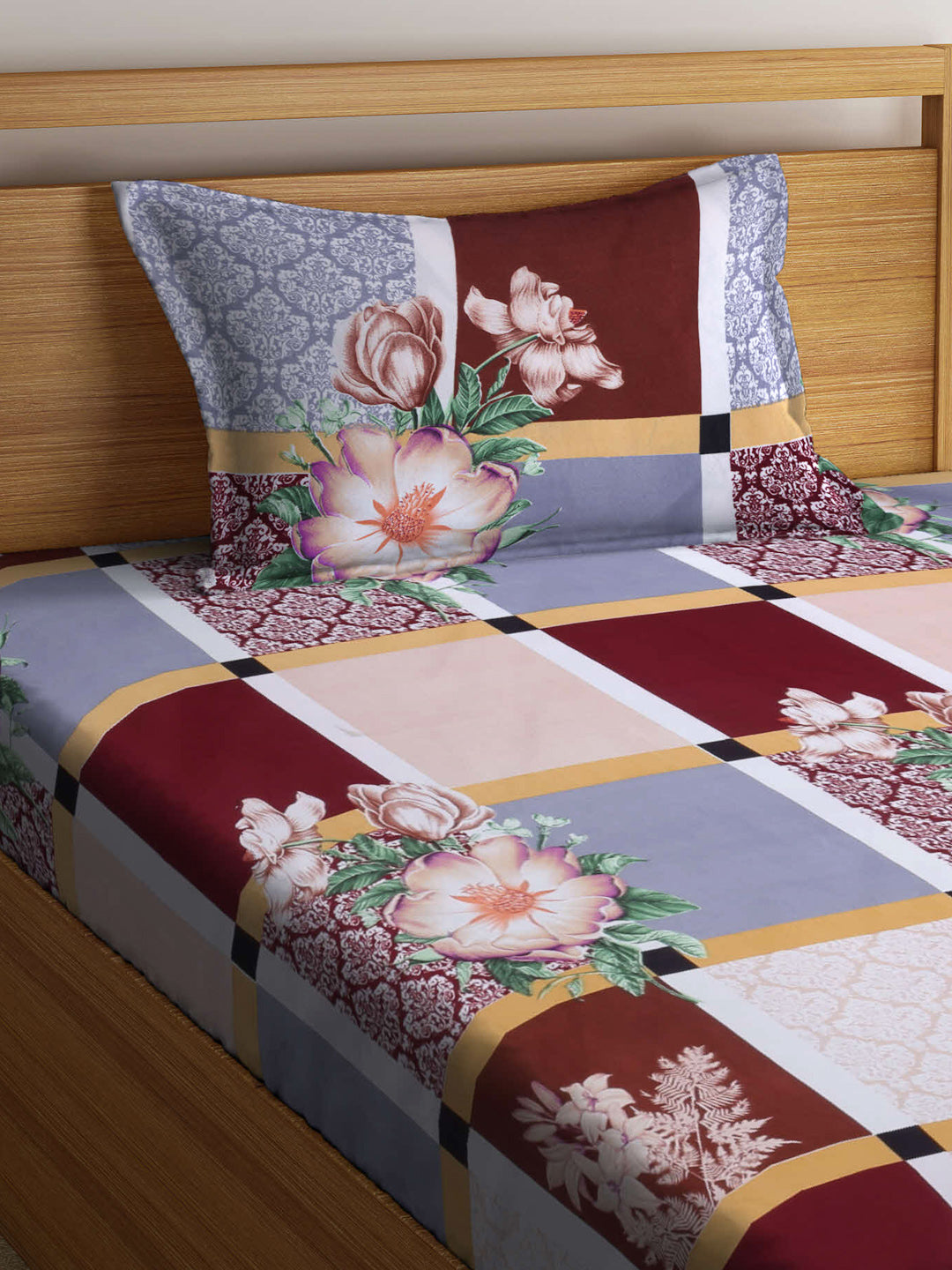 Klotthe Multi Floral 210 TC Cotton Blend Single Bed Sheet with Pillow Cover