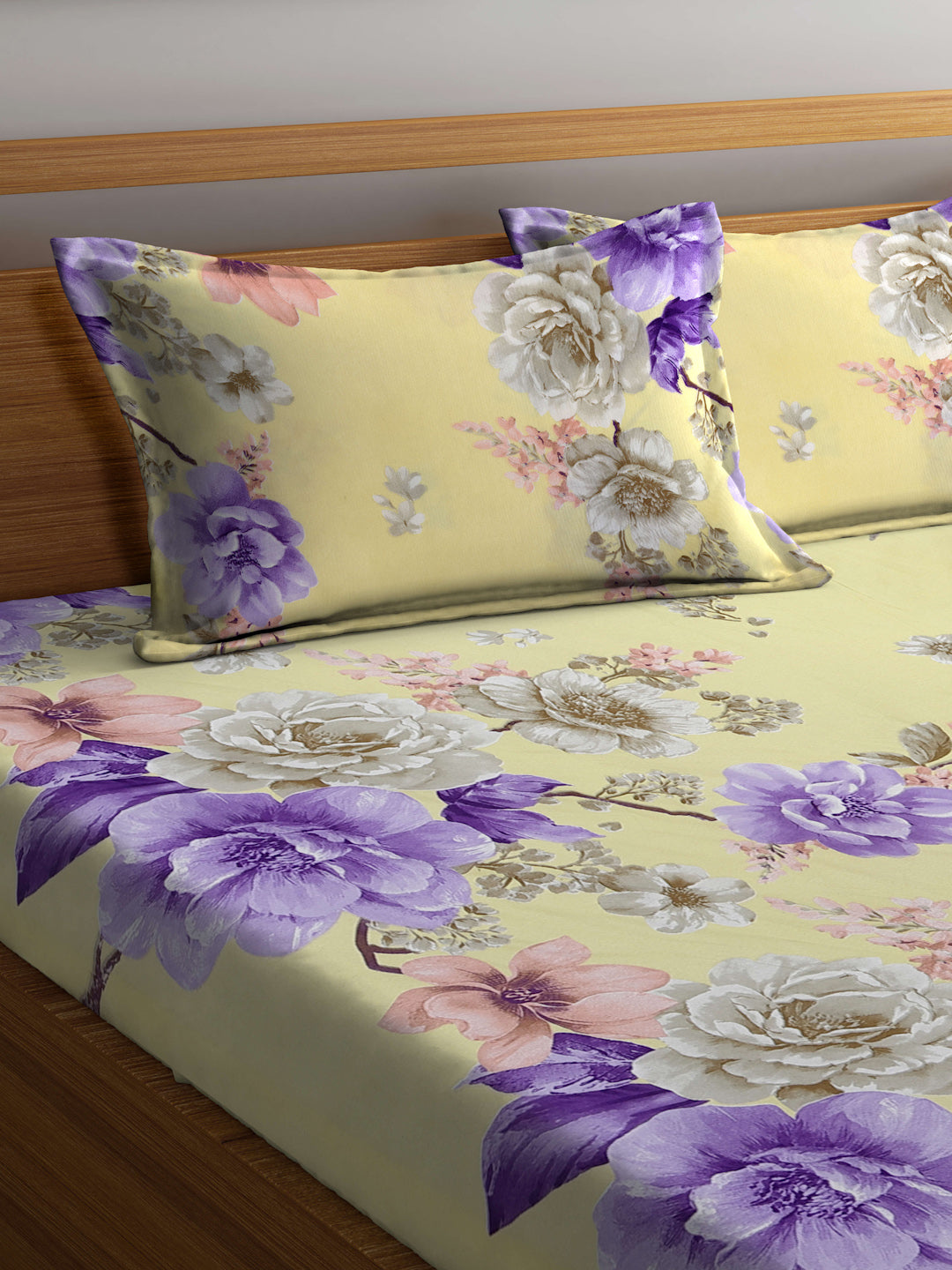 Klotthe Yellow Floral 300 TC Cotton Blend Double Bed Sheet with 2 Pillow Covers in Book Fold Packing
