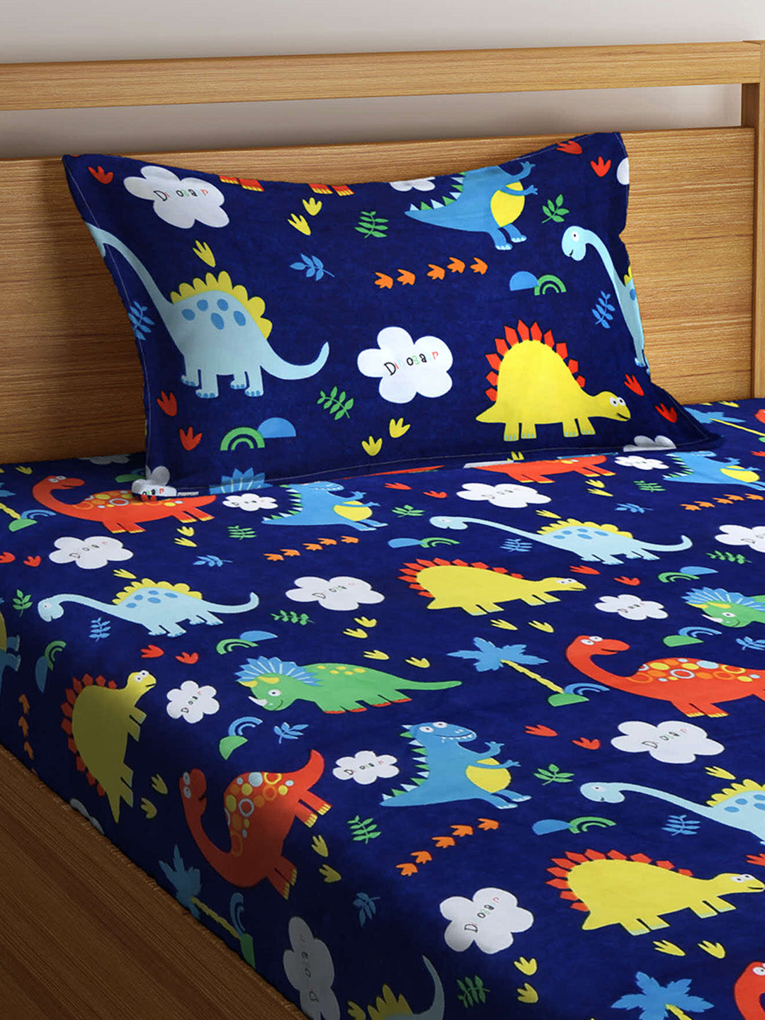 Klotthe Blue Kids Print Cotton Blend Single Bedsheet with Pillow cover