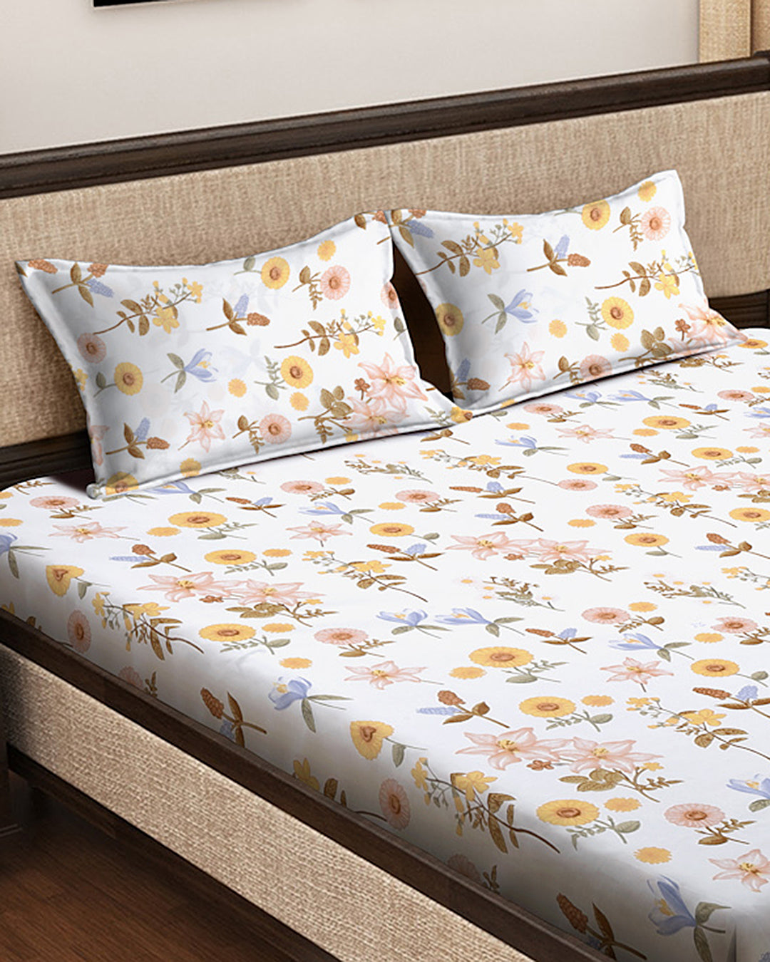 Klotthe Multi Floral 300 TC Cotton Blend Double Bedsheet with 2 Pillow covers