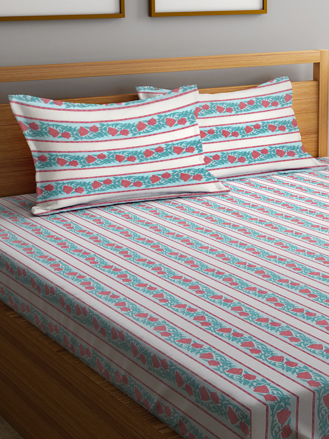Klotthe Blue 100% Cotton 300 TC Striped Double Bedsheet with 2 Pillow covers