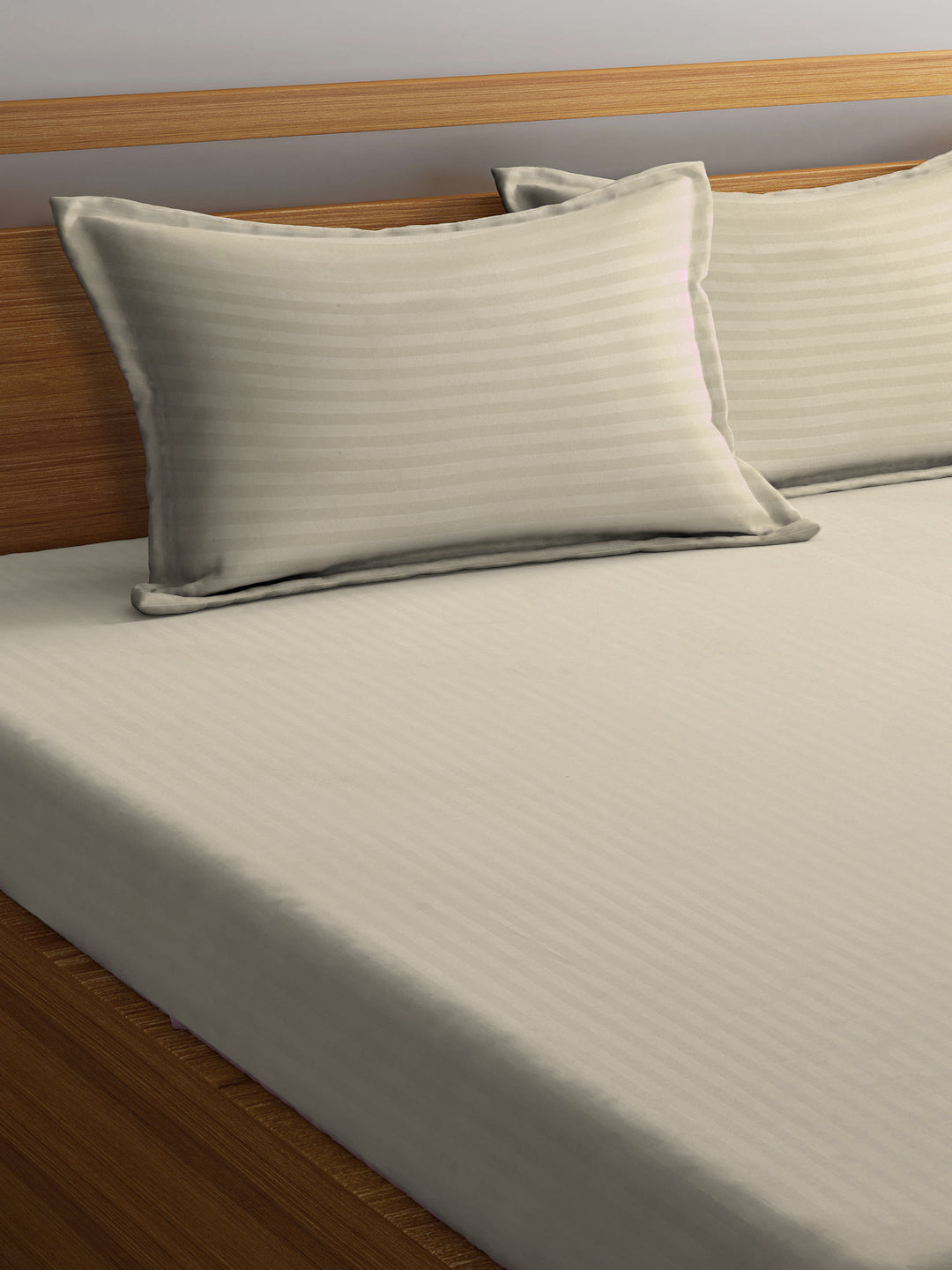 Klotthe Beige Striped 300 TC Cotton Blend Super King Double Bedsheet with 2 Pillow covers (270X270 cm)