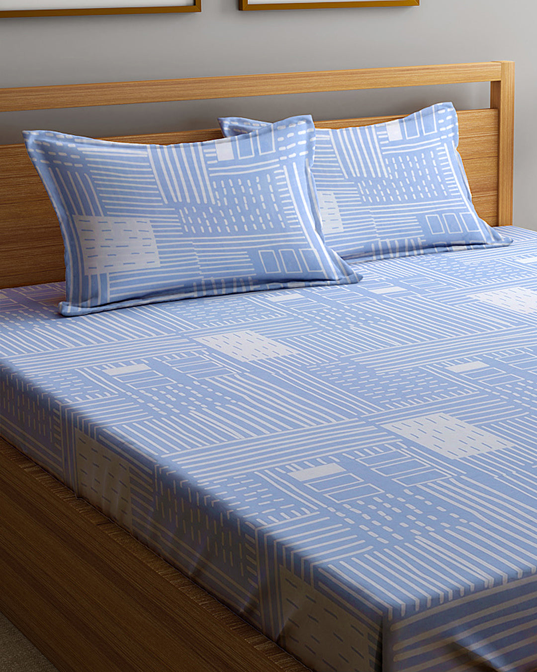 Klotthe Skyblue Geometric 300 TC Cotton Blend Double Bedsheet with 2 Pillow covers