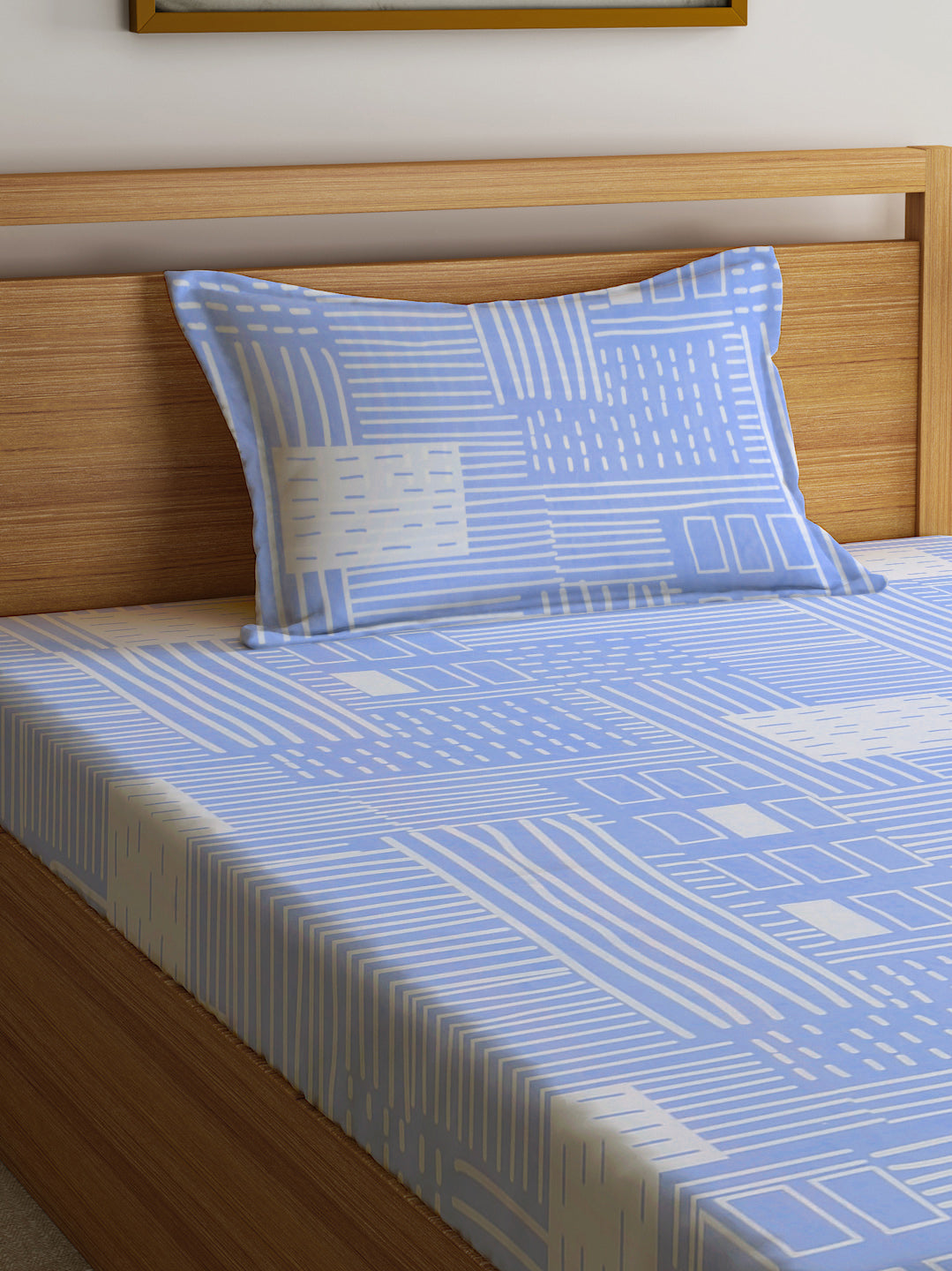 Klotthe Skyblue Geometric 300 TC Cotton Blend Single Bedsheet with Pillow Cover