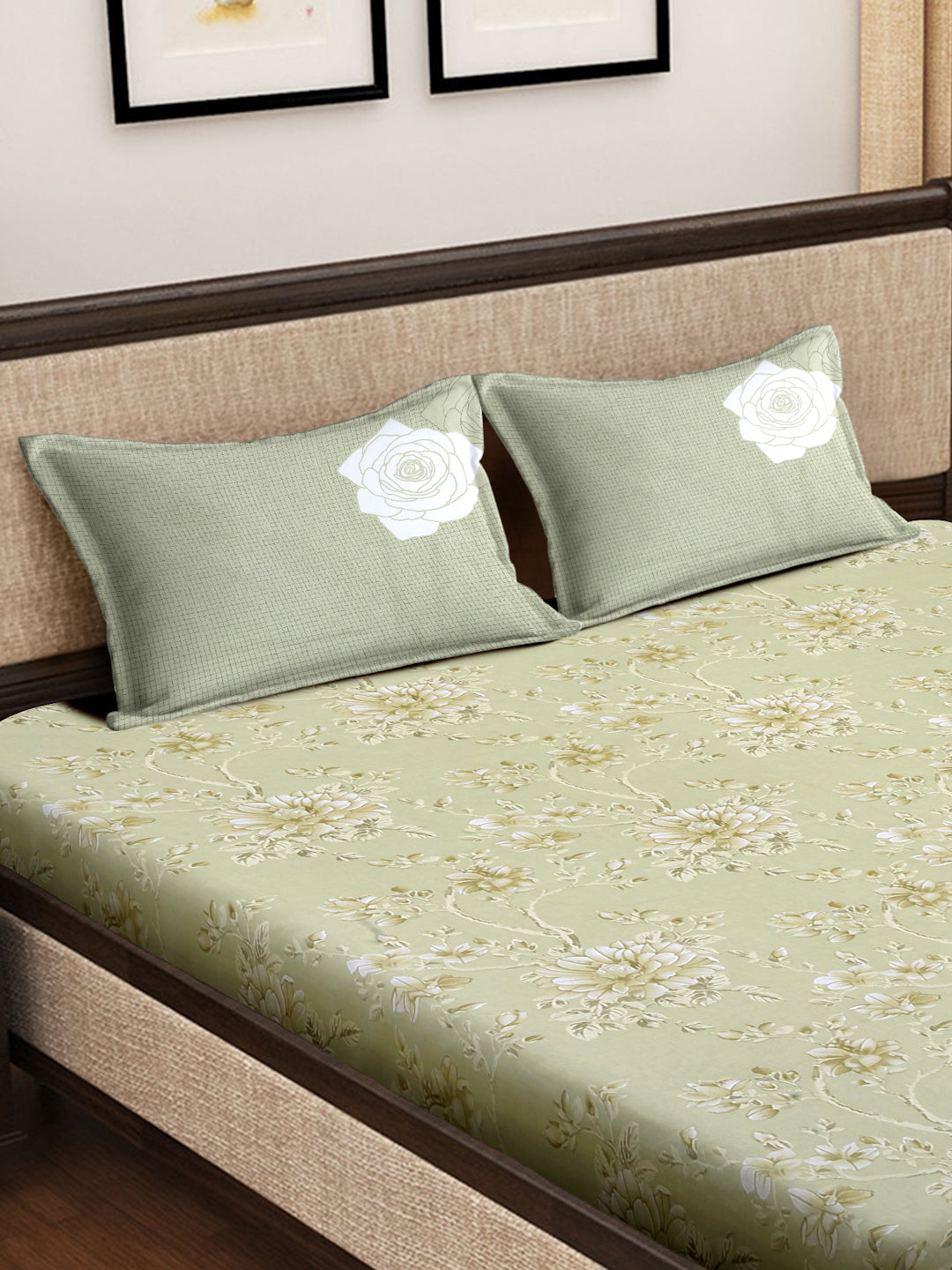 Klotthe Green Floral 400 TC Pure Cotton Fitted Super King Double Bedsheet with 2 Pillow covers (270X270 cm)