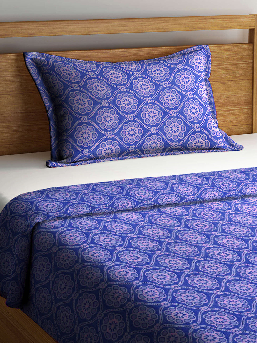 Klotthe Blue Woven Design Pure Cotton Single Bed Cover with Pillow Covers
