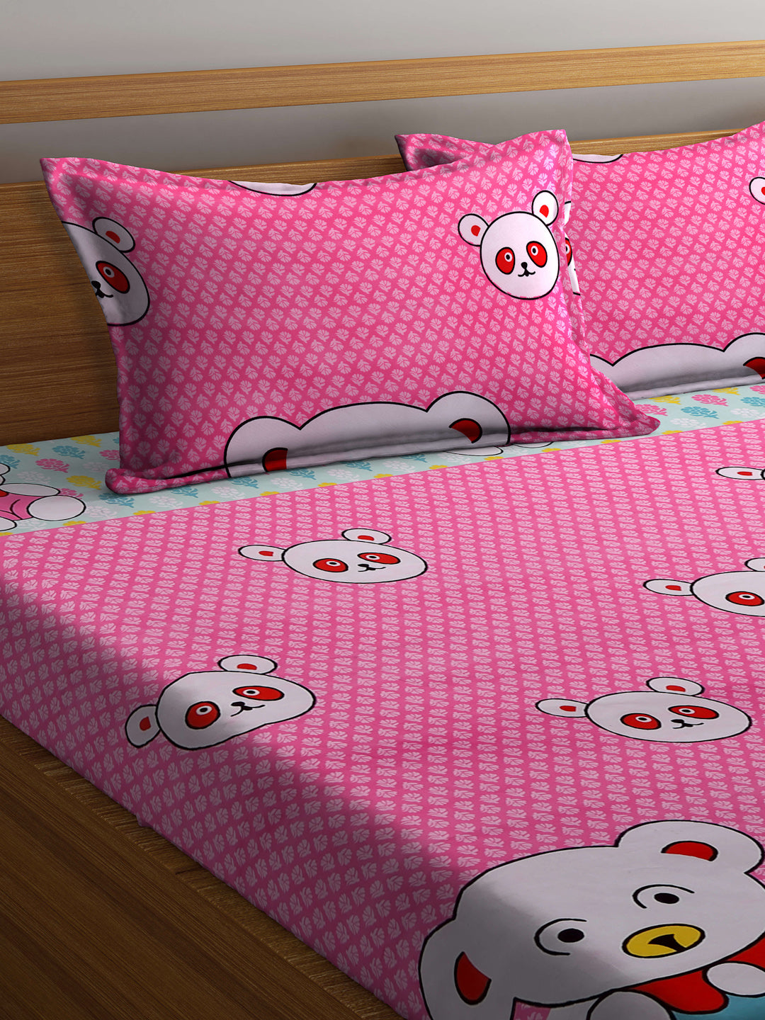 Klotthe Pink Cartoon Characters 300 TC Cotton Blend Elasticated Double Bedsheet with 2 Pillow Covers