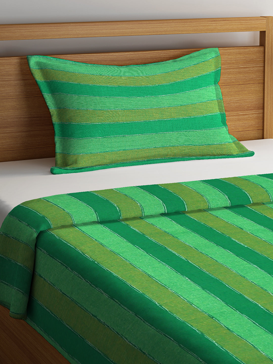 KLOTTHE Green Cotton Striped Single Bed Cover With 1 Pillow Cover (225X150 cm)