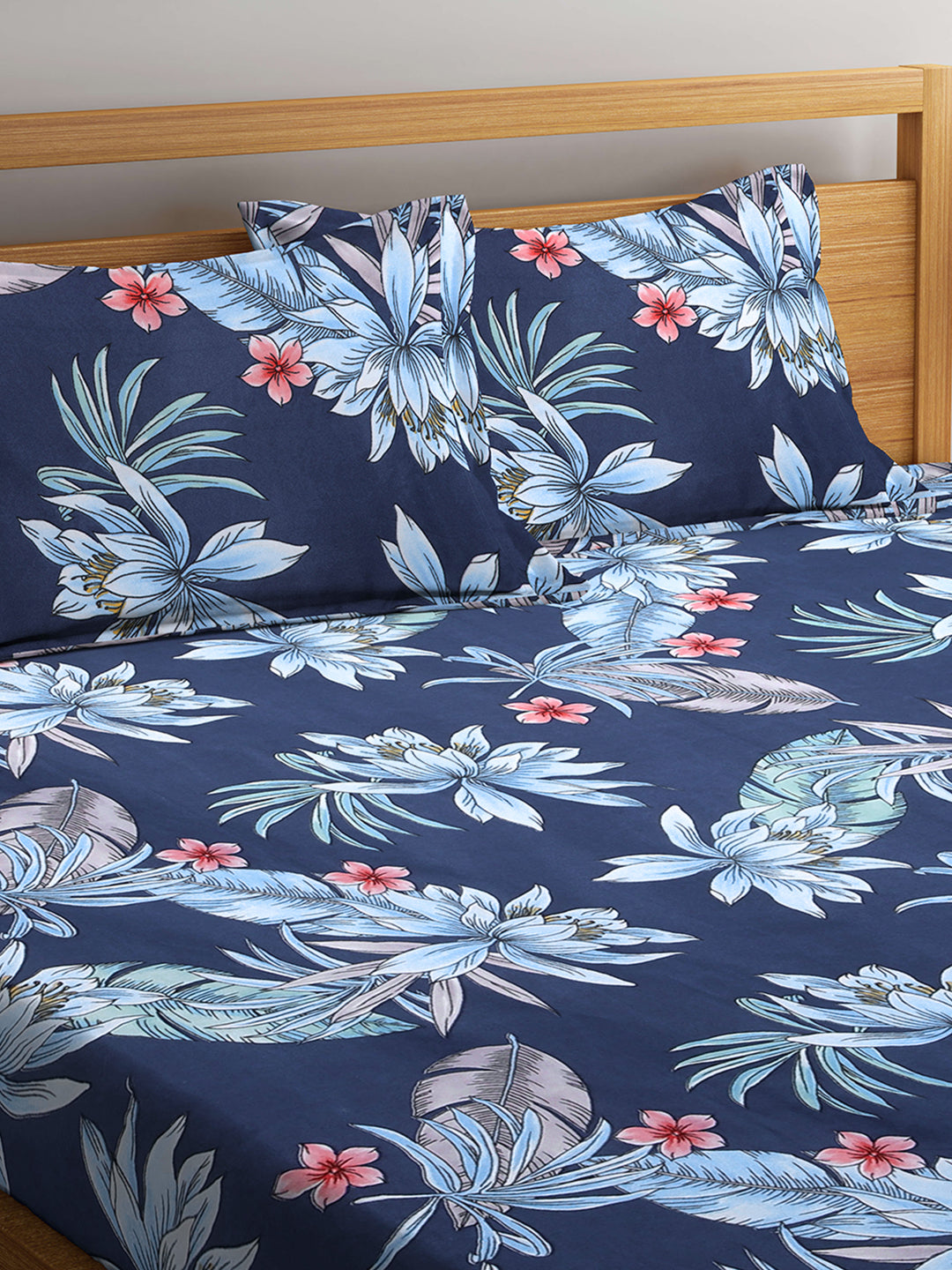 KLOTTHE Blue PolyCotton Floral 210 Thread Count Double King Bedsheet With 2 Pillow Covers (250X215 cm)
