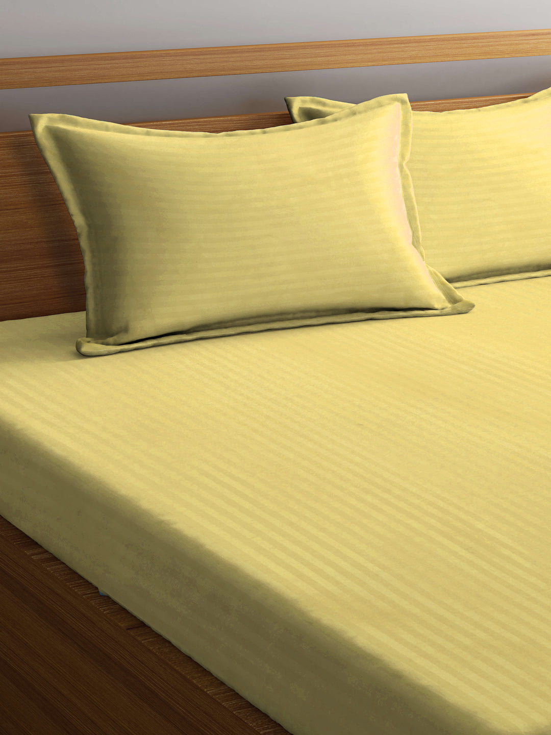 Klotthe Yellow Striped 300 TC Cotton Blend Elasticated Super King Double Bedsheet with 2 Pillow Covers (270X270 cm)