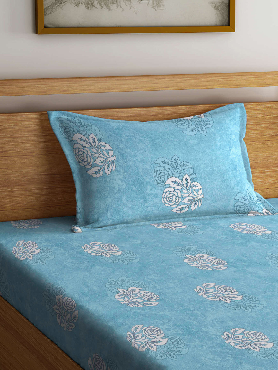 Klotthe Turquoise Floral 400 TC Pure Cotton Fitted Single Bedsheet with Pillow Cover