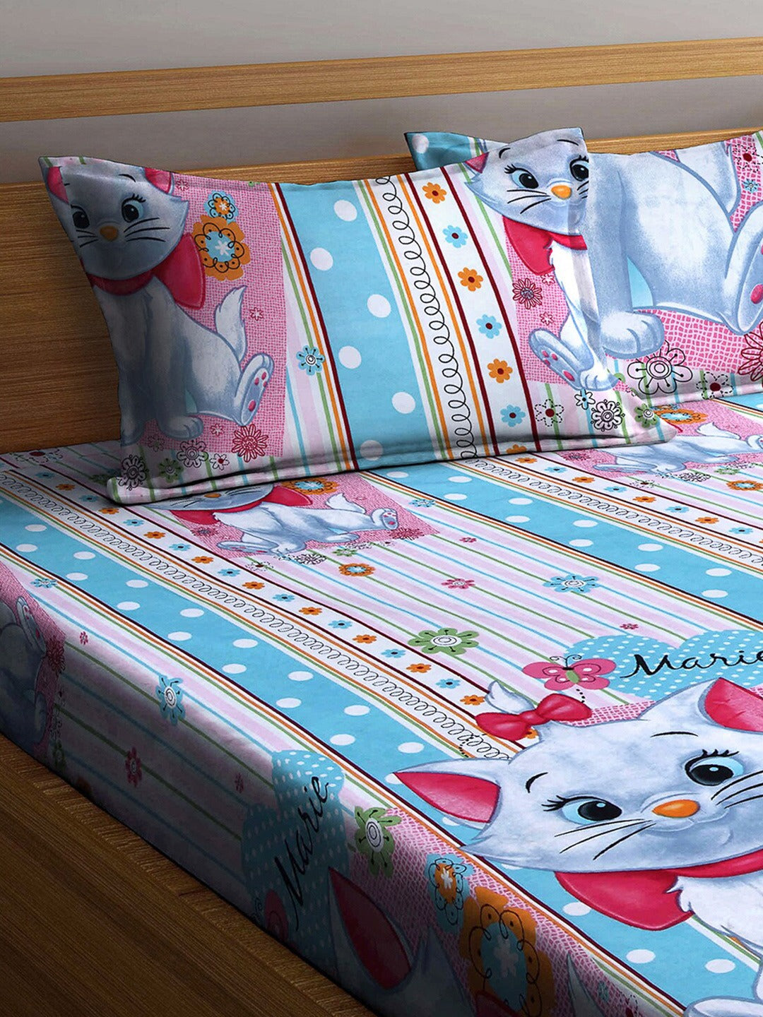 Klotthe Multi Cartoon Characters 300 TC Cotton Blend Elasticated Double Bedsheet with 2 Pillow Covers