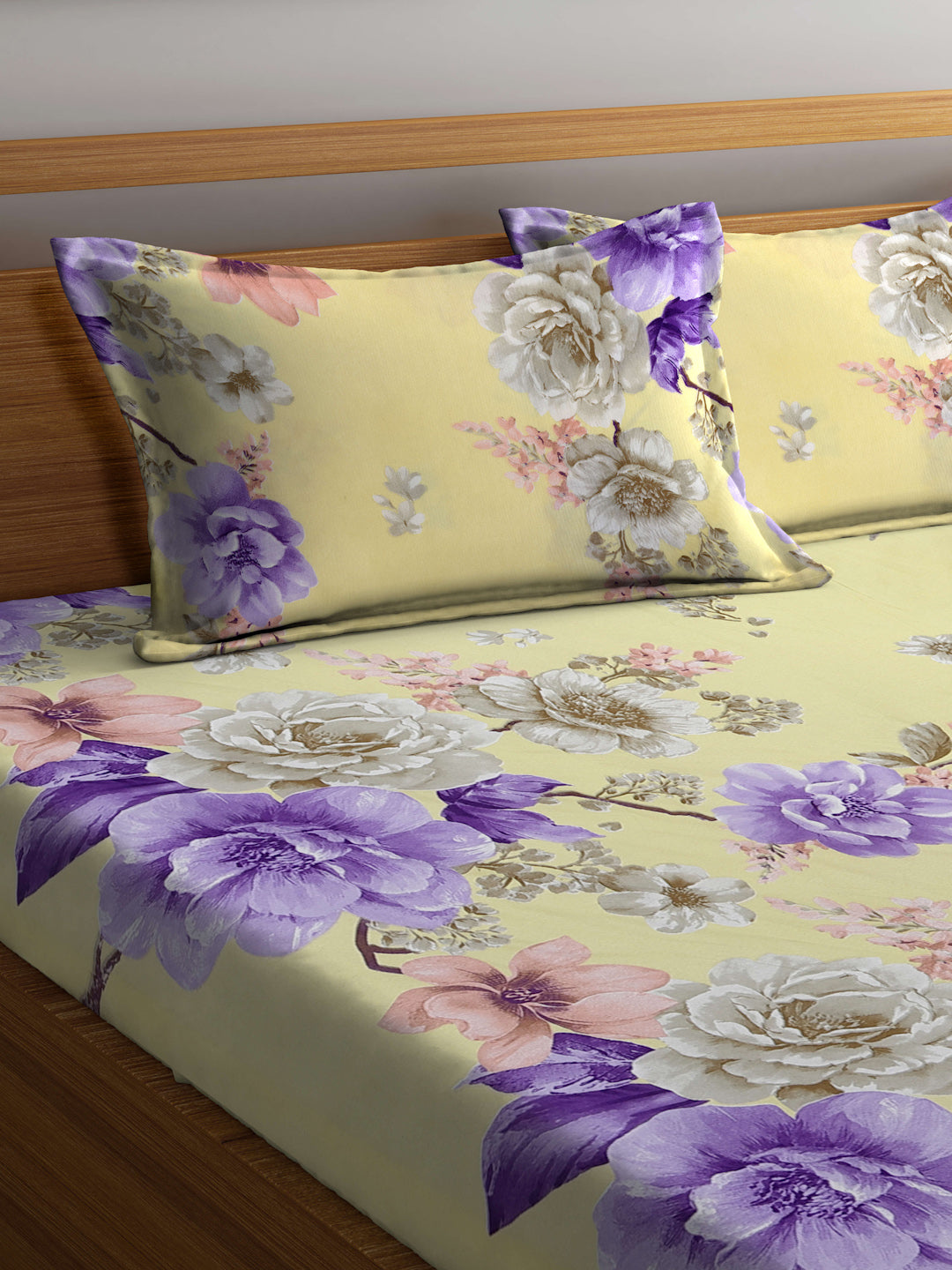 Klotthe Yellow Floral 300 TC Cotton Blend Double Bedsheet with 2 Pillow Covers