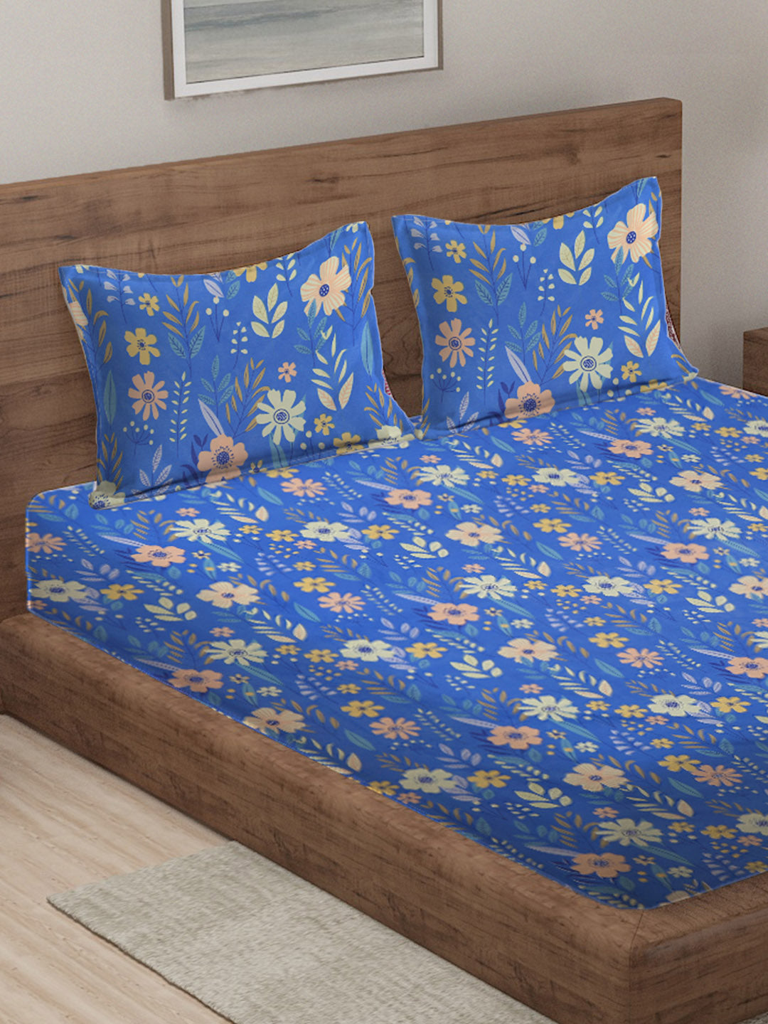 Klotthe Blue Cotton Blend Double Bed Sheet with 2 Pillow Covers