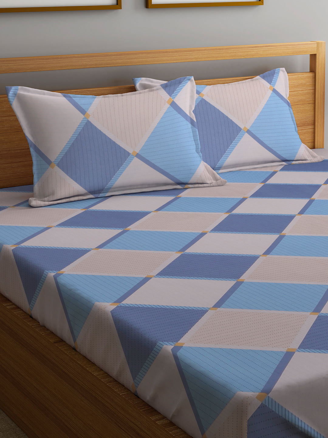 Klotthe Blue 210 TC Geometric Cotton Blend Double Bed Sheet with 2 Pillow Covers