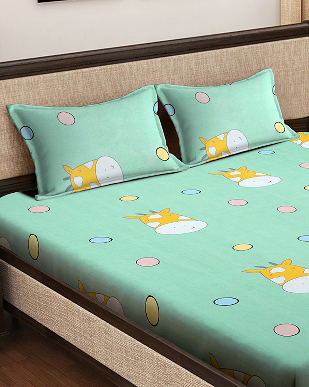 Klotthe Multicolor Cartoon Characters 300 TC Cotton Blend Fitted Double Bedsheet Set in Book Fold Packing