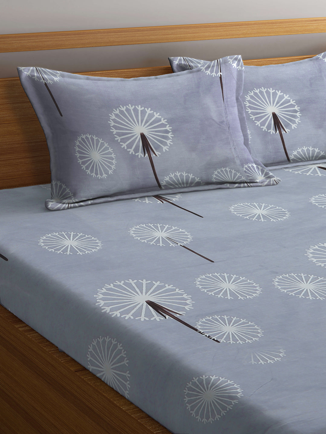 Klotthe Grey Floral 300 TC Cotton Blend Elasticated Super King Double Bedsheet with 2 Pillow covers (270X270 cm)