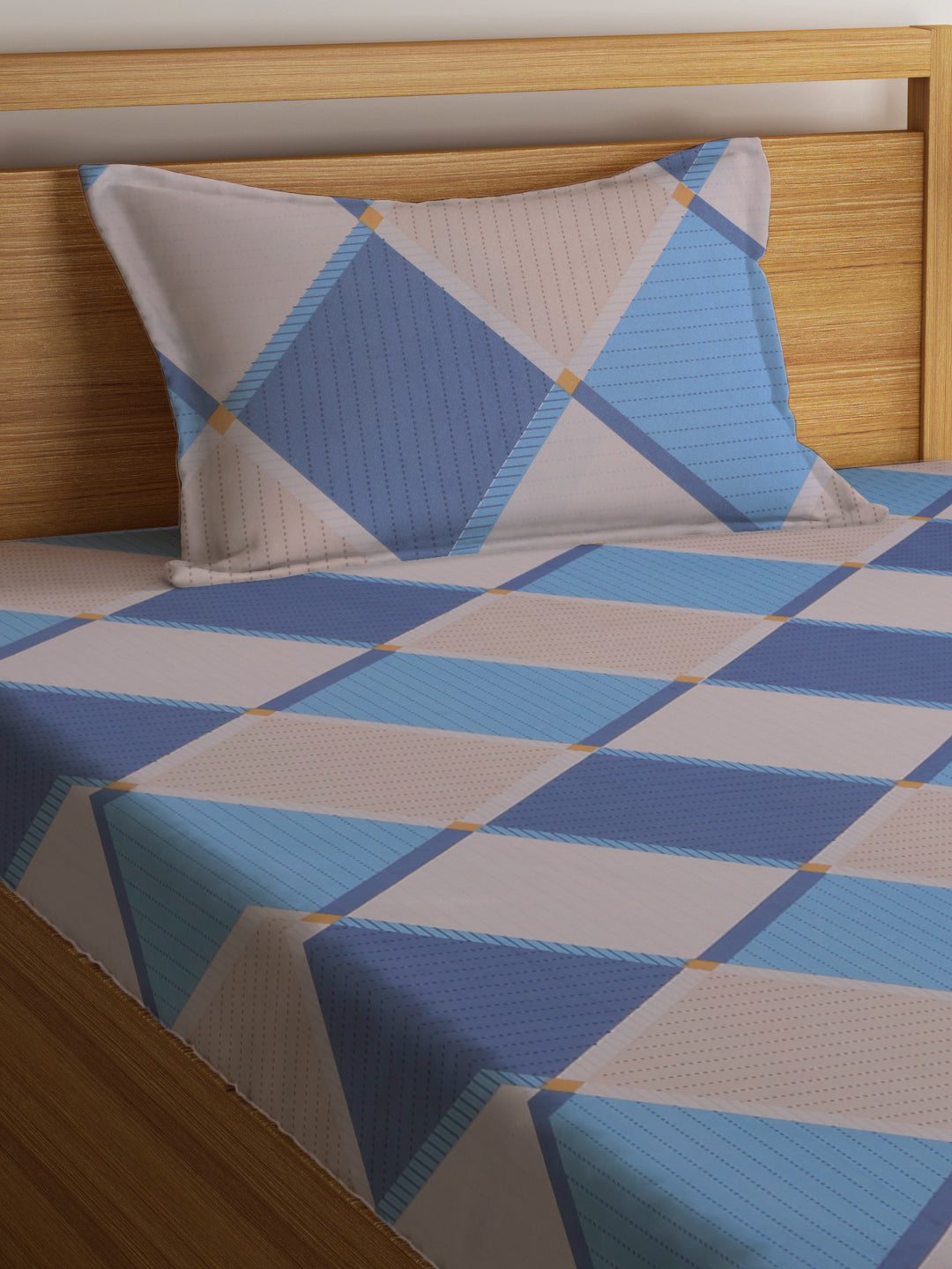 Klotthe Blue 210 TC Geometric Cotton Blend Single Bed Sheet with Pillow Cover