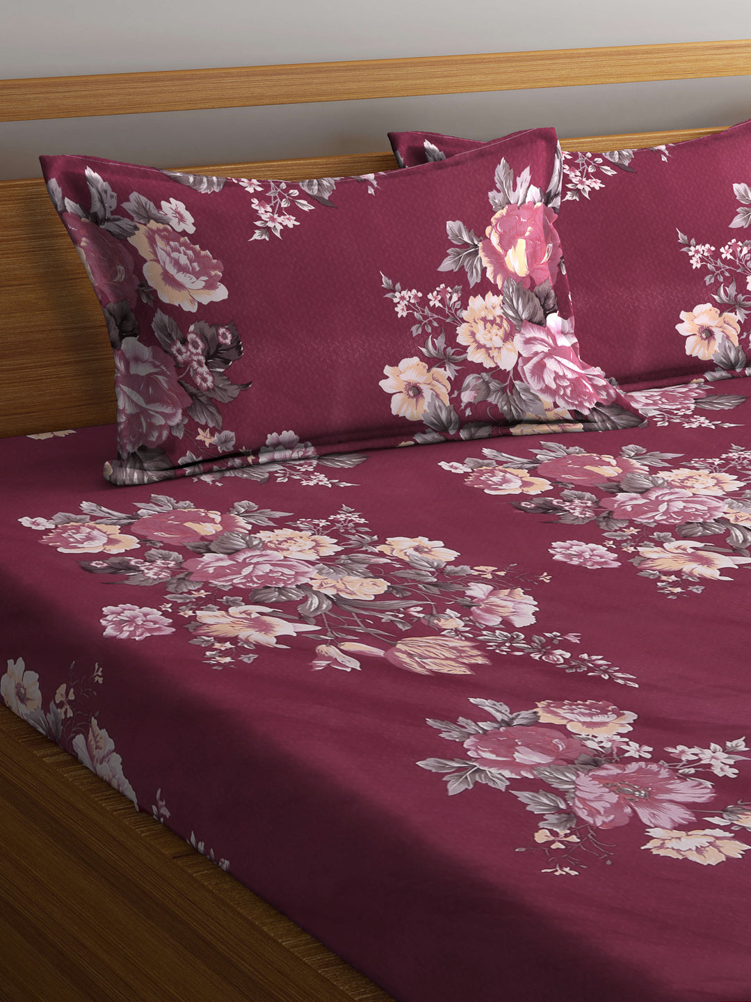 Klotthe Floral Maroon 300 TC Cotton Blend Elasticated Double Bedsheet with 2 Pillow covers (270X270 cm)