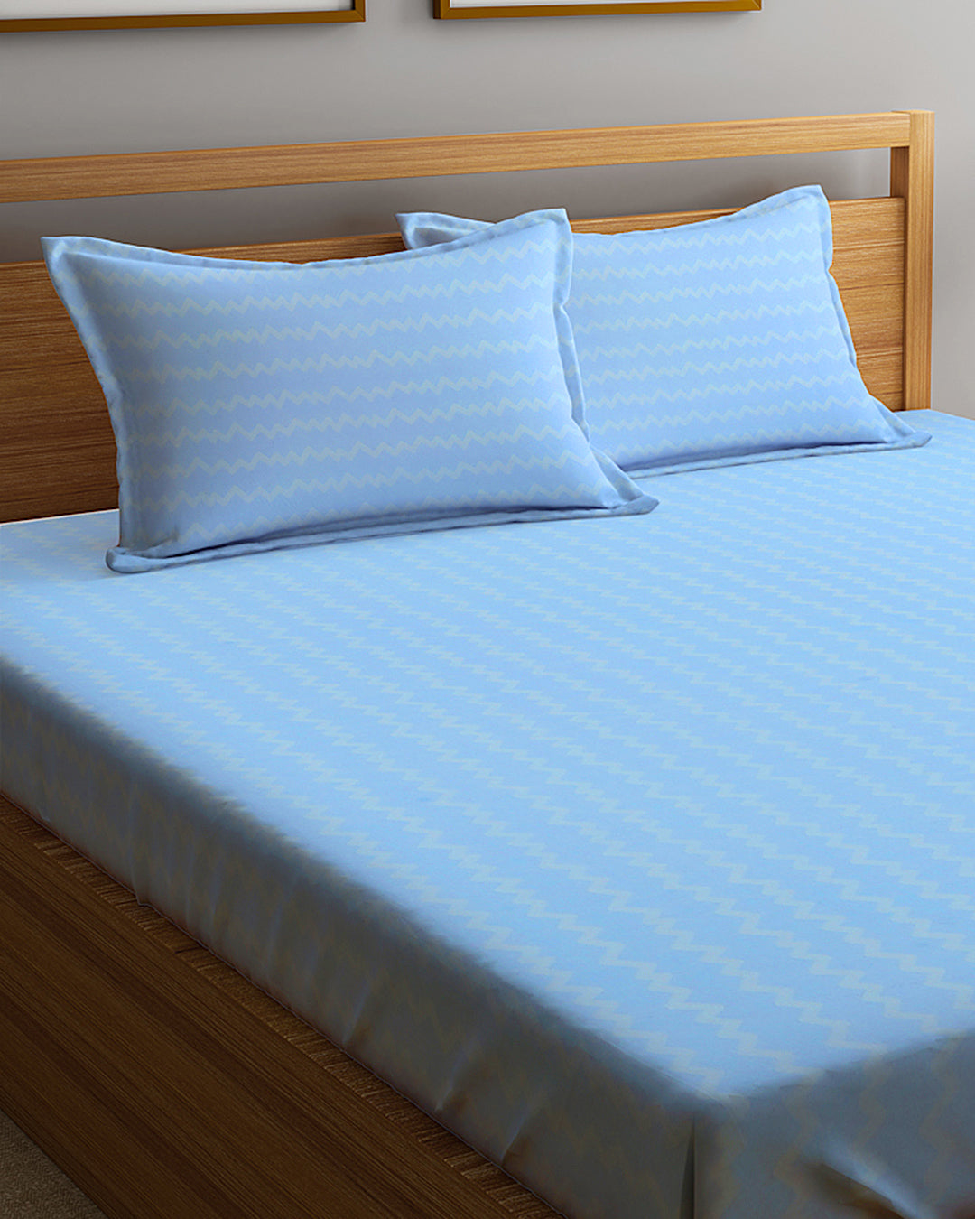 Klotthe Skyblue Abstract 300 TC Cotton Blend Fitted Double Bedsheet Set in Book Fold Packing