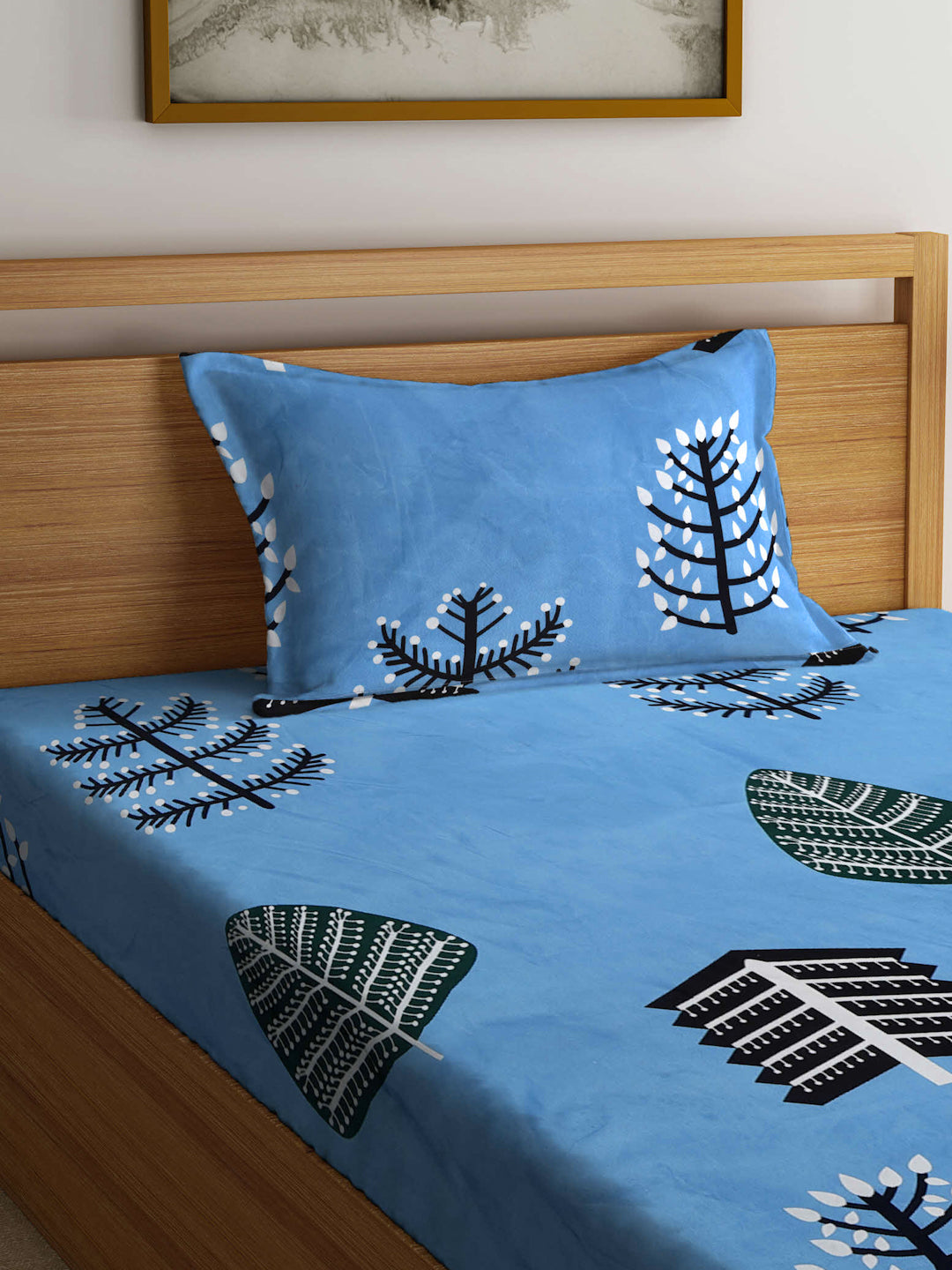 Klotthe Blue Abstract 300 TC Cotton Blend Single Bedsheet with Pillow Cover