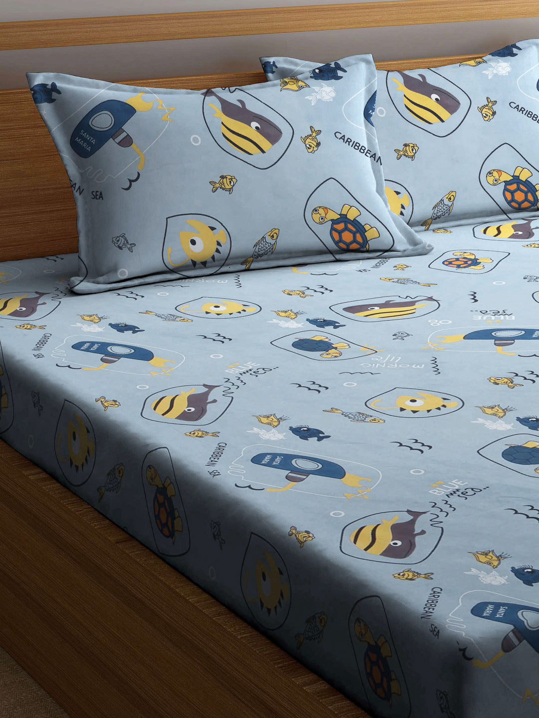 Klotthe Multicolor Cartoon Print Cotton Blend Elasticated Double BedSheet With 2 Pillow Covers