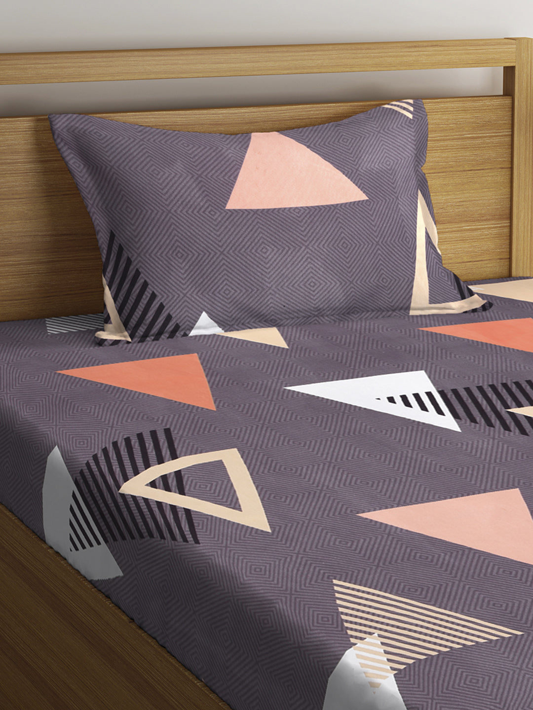 Klotthe Grey Geometric 300 TC Cotton Blend Elasticated Single Bedsheet with Pillow Cover