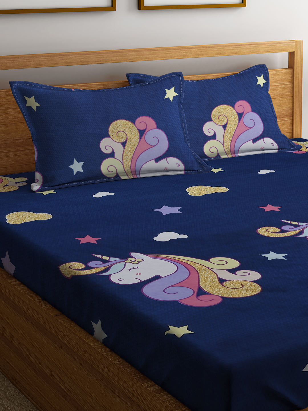 Klotthe Blue Cartoon Characters 300 TC Cotton Blend Double Bedsheet with 2 Pillow Covers