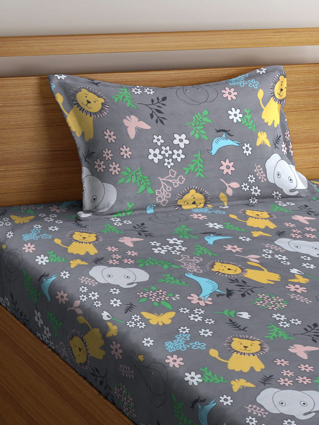 Klotthe Multi Cartoon Characters Polycotton 250 TC Flat Single Bedsheet with Pillow Cover