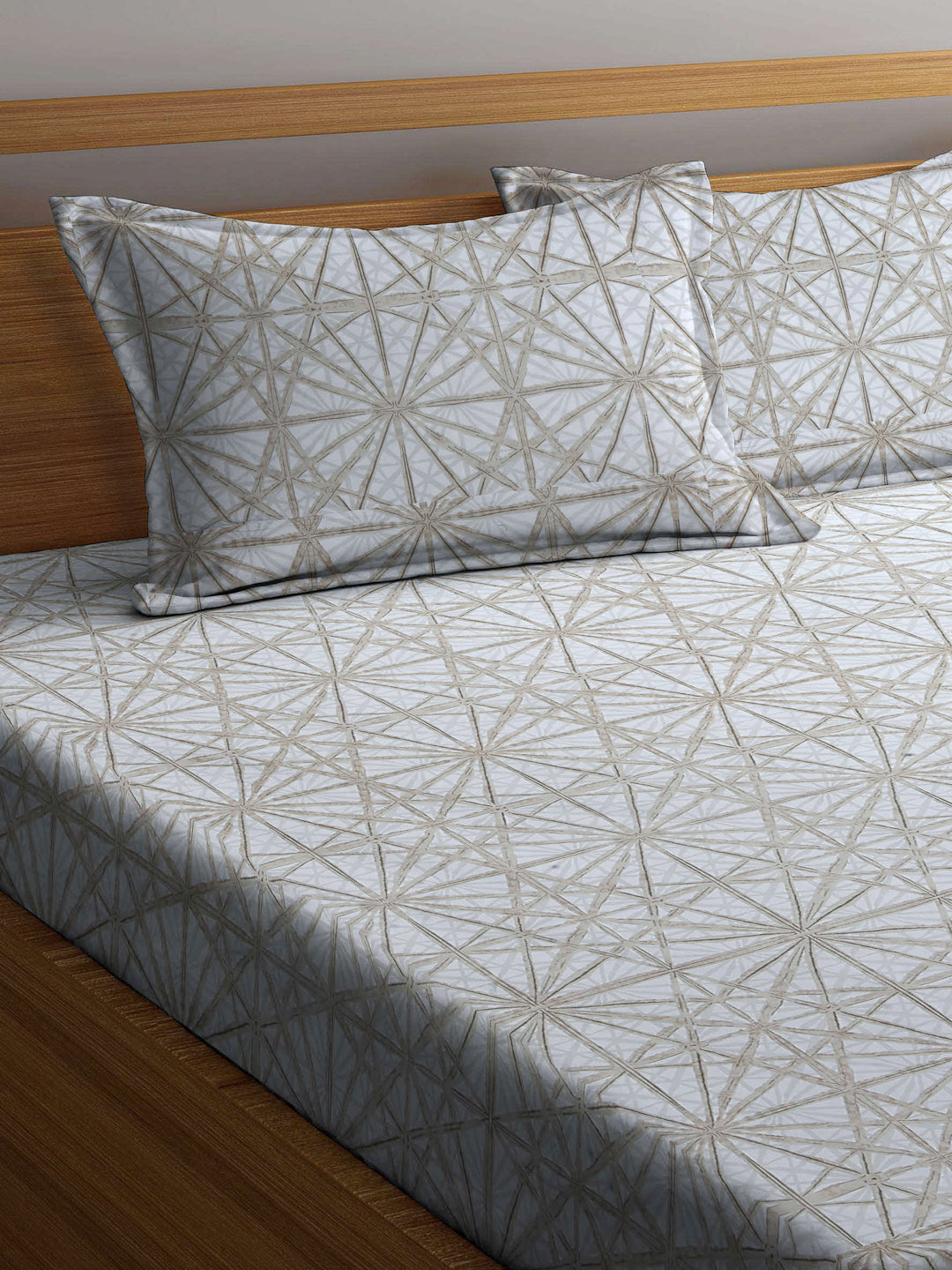 Klotthe Beige Geometric Cotton Blend King Double Bed Sheet with 2 Pillow Covers