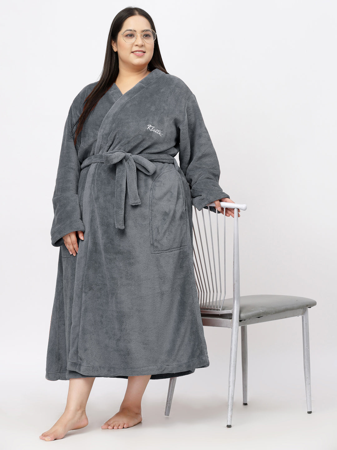 Klotthe Women Grey Solid Bath Robe With Belt