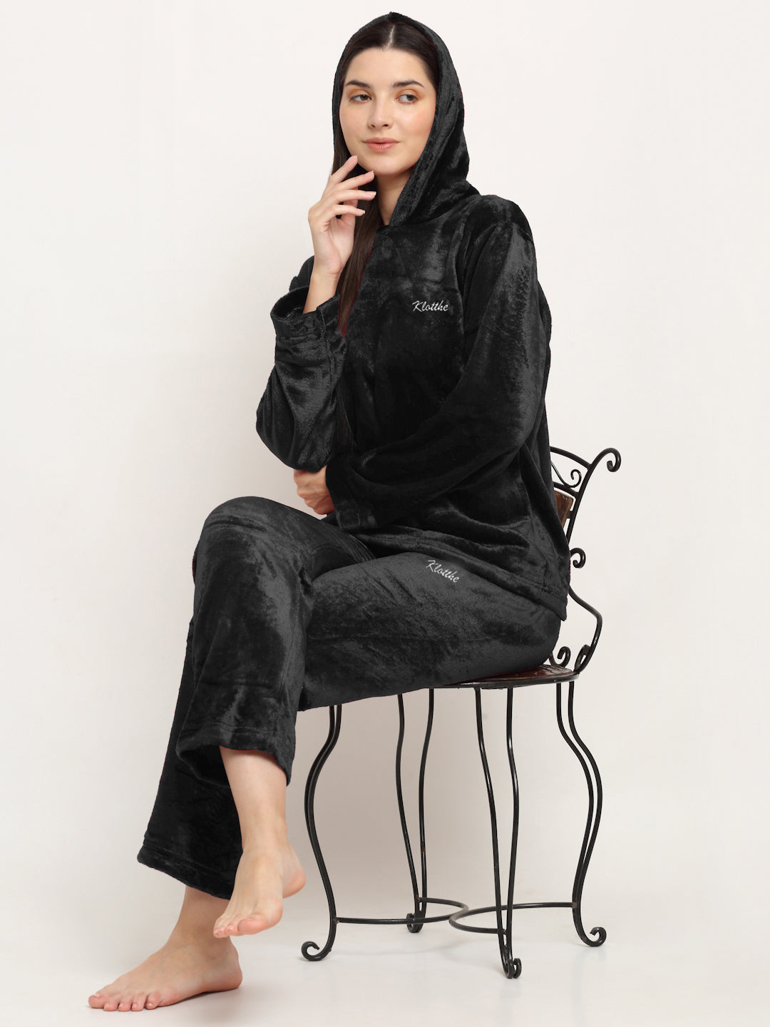 Klotthe Women Black Solid Wool Blend Hooded Night Suit