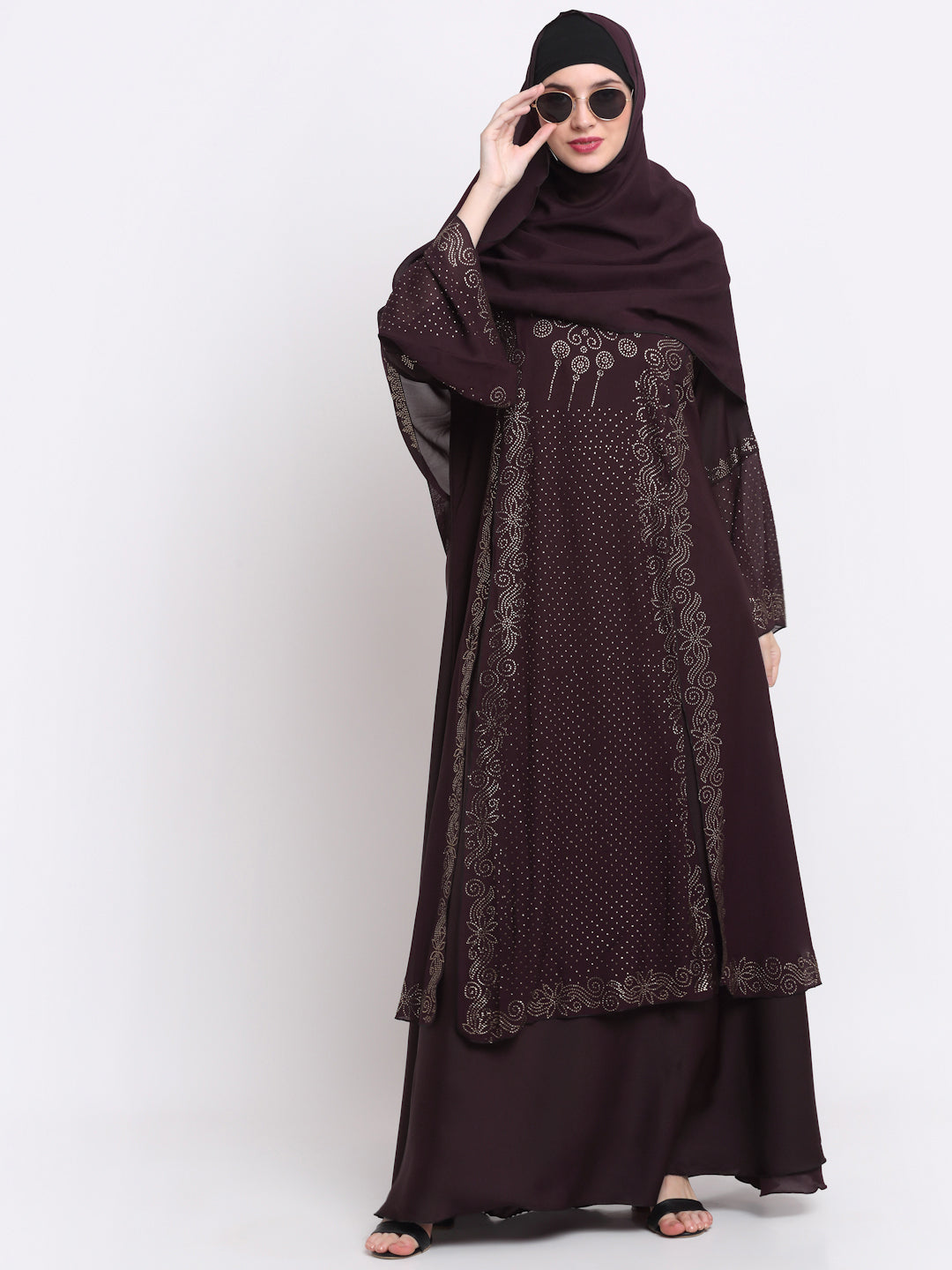 Klotthe Women Burgundy Embellished Burqa With Scarves