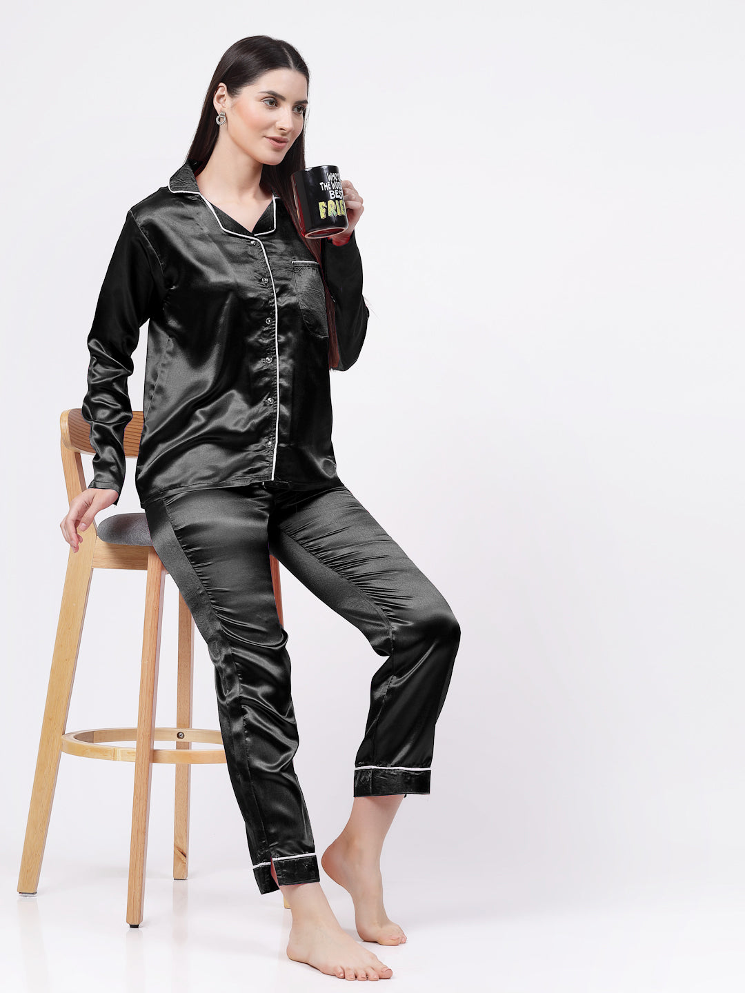 Klotthe Women Black Solid Satin Night Suit by KLOTTHE