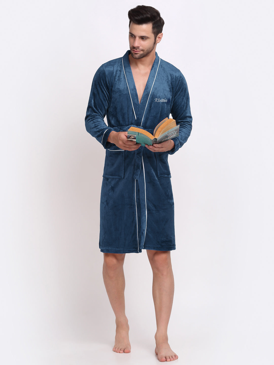 Men's Turquoise Robe Klotthe Men Turquoise Solid Wool Bath Robe With Belt – KLOTTHE®