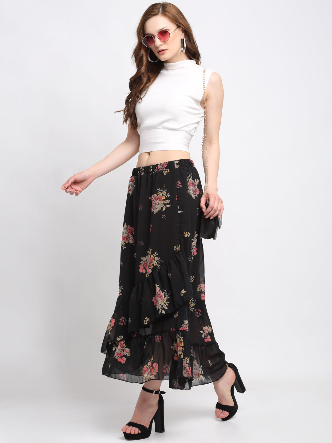 KLOTTHE Black Polyester Floral Skirt