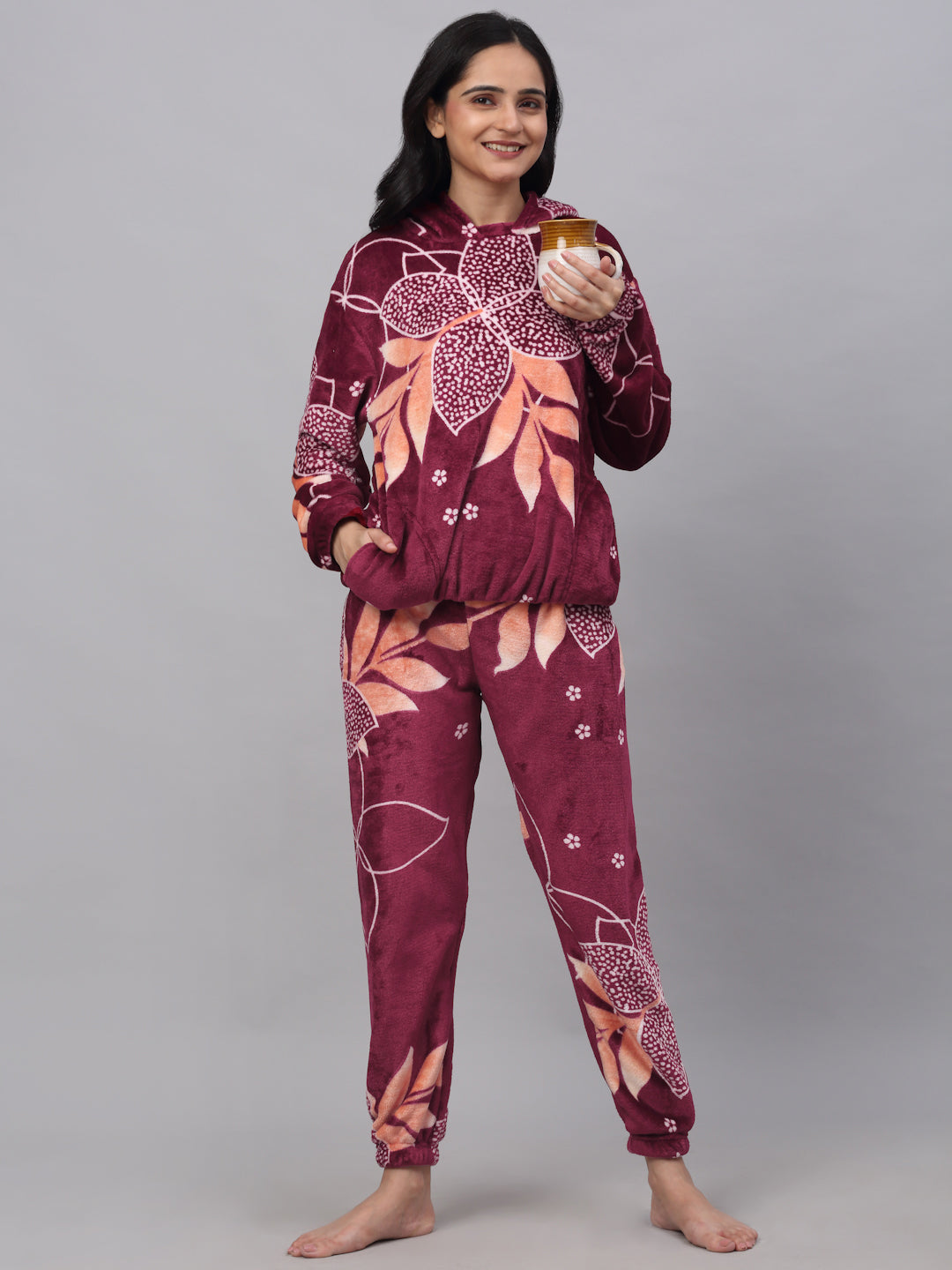 Klotthe Women MultiColor Printed Wool Blend Hooded Night Suit