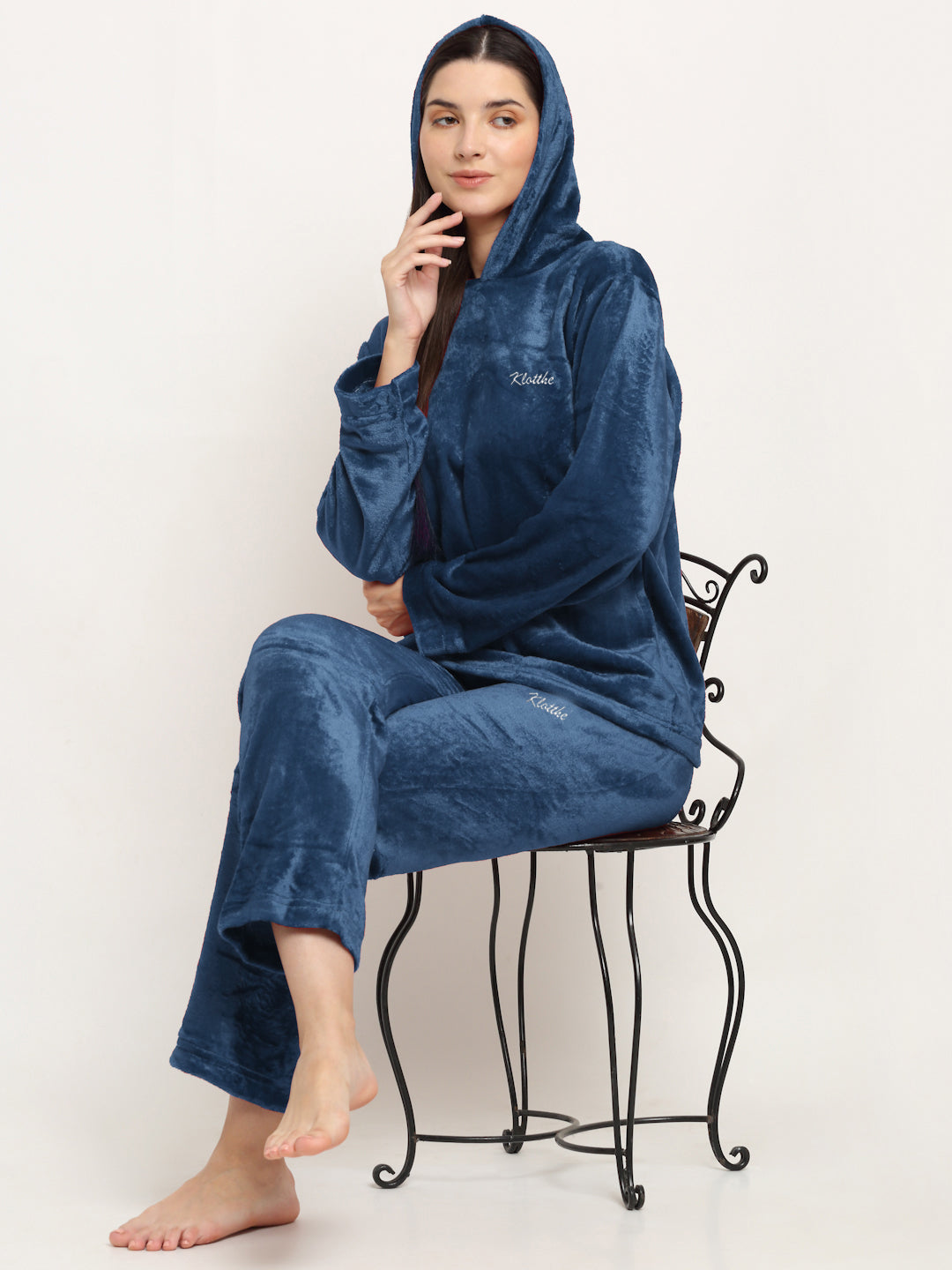 Klotthe Women Turquoise Solid Wool Blend Hooded Night Suit