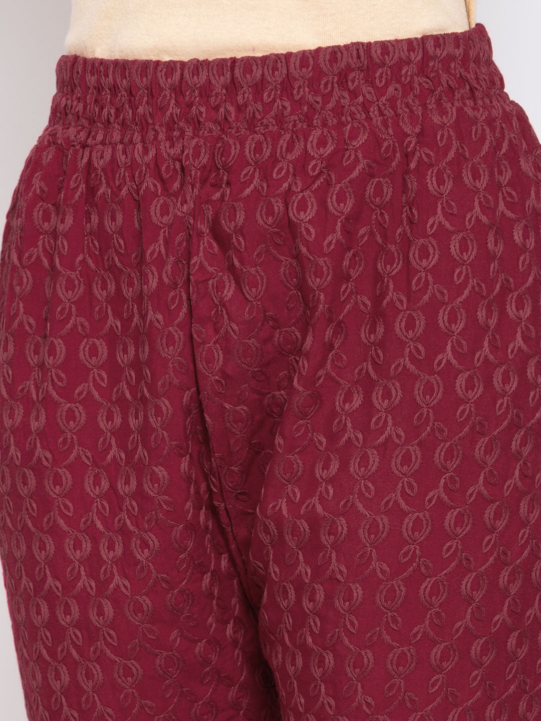 KLOTTHE Maroon Cotton Embroidered Trouser