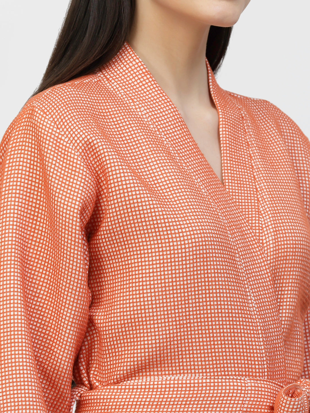 Klotthe Women Orange Checked Cotton Bath Robe With Belt