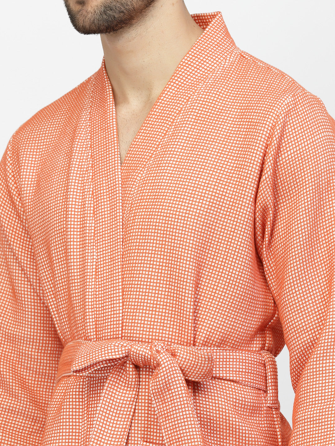 Klotthe Men Orange Checked Cotton Bath Robe With Belt