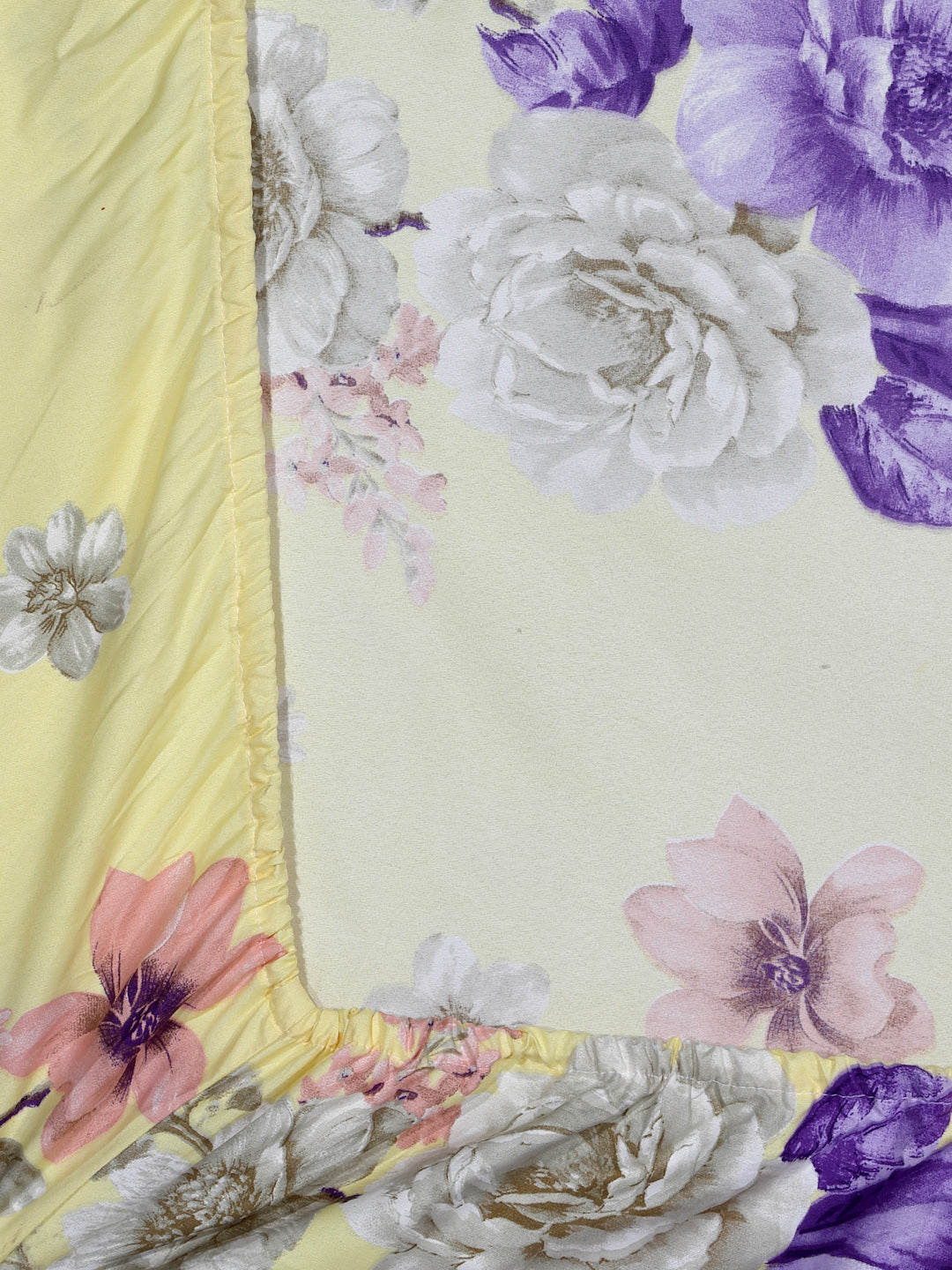 Klotthe Yellow Floral 300 TC Cotton Blend Fitted Double Bedsheet with 2 Pillow Covers in Book Fold Packing