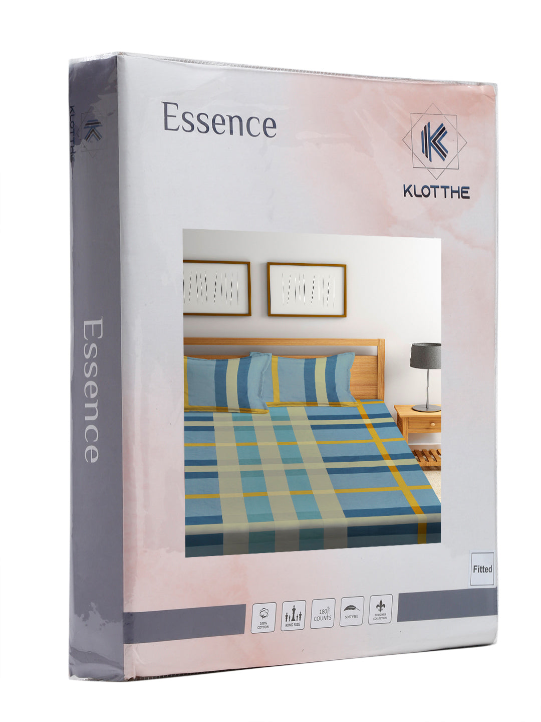 Klotthe Blue Geometric 300 TC Cotton Blend Elasticated Double Bedsheet Set in Book Fold Packing