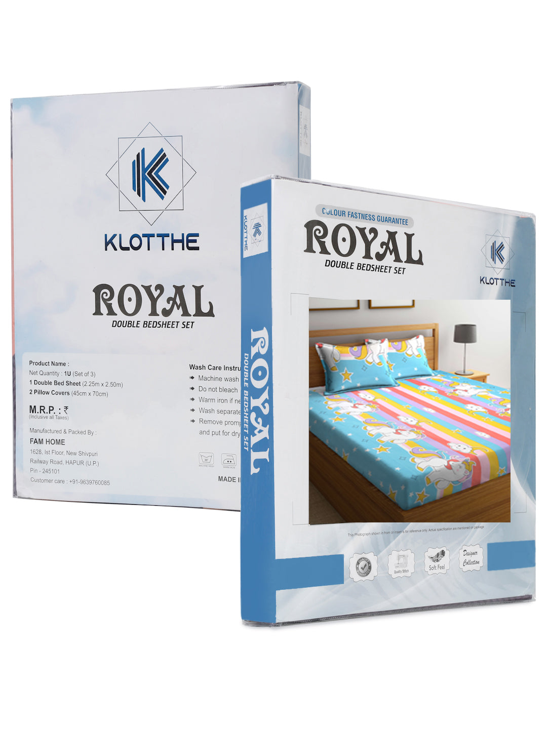 Klotthe Multi Cartoon Print 300 TC Cotton Blend Double Bed Sheet with 2 Pillow Covers in Book Fold Packing