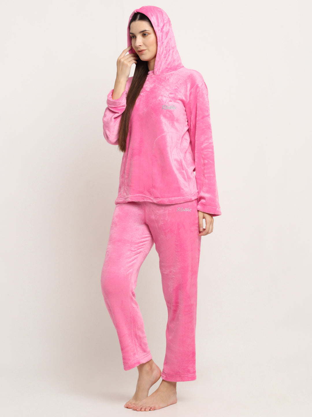 Klotthe Women Light Pink Solid Wool Blend Hooded Night Suit