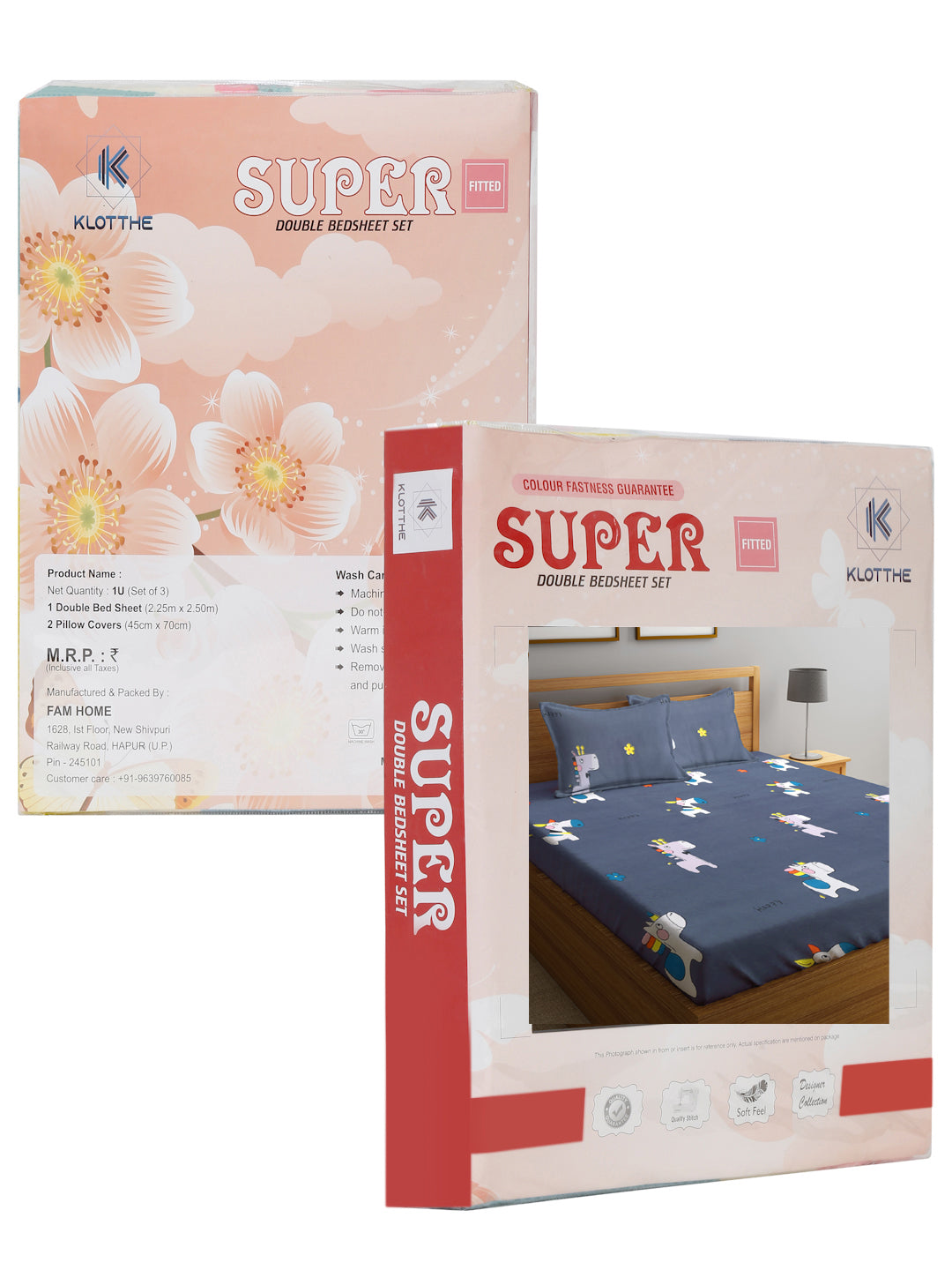 Klotthe Multi Cartoon Print 300 TC Cotton Blend Elasticated Double Bedsheet with 2 Pillow Cover in Book Fold Pack