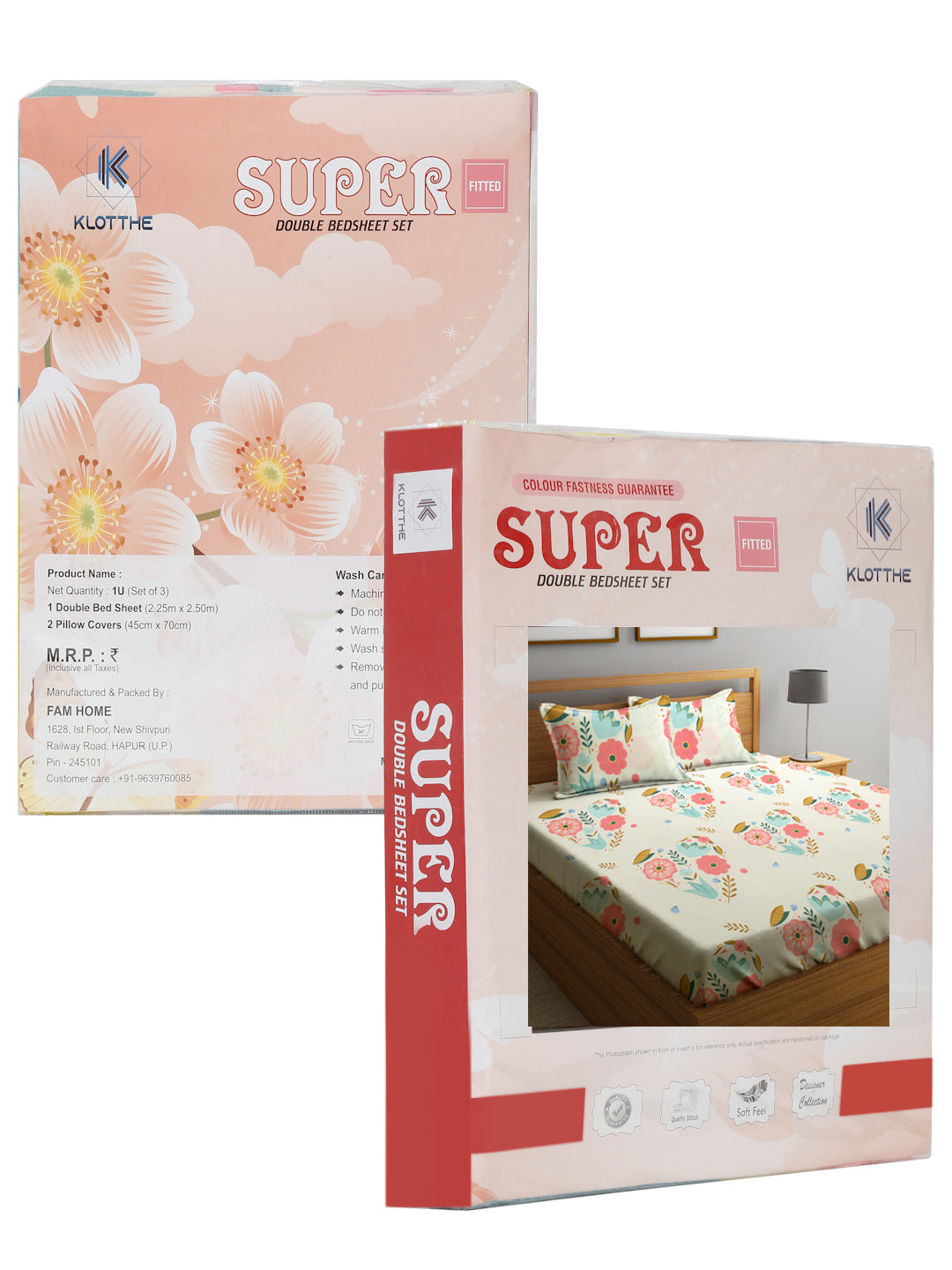 Klotthe Multi Floral 300 TC Cotton Blend Elasticated Double Bedsheet with 2 Pillow Cover in Book Fold Pack