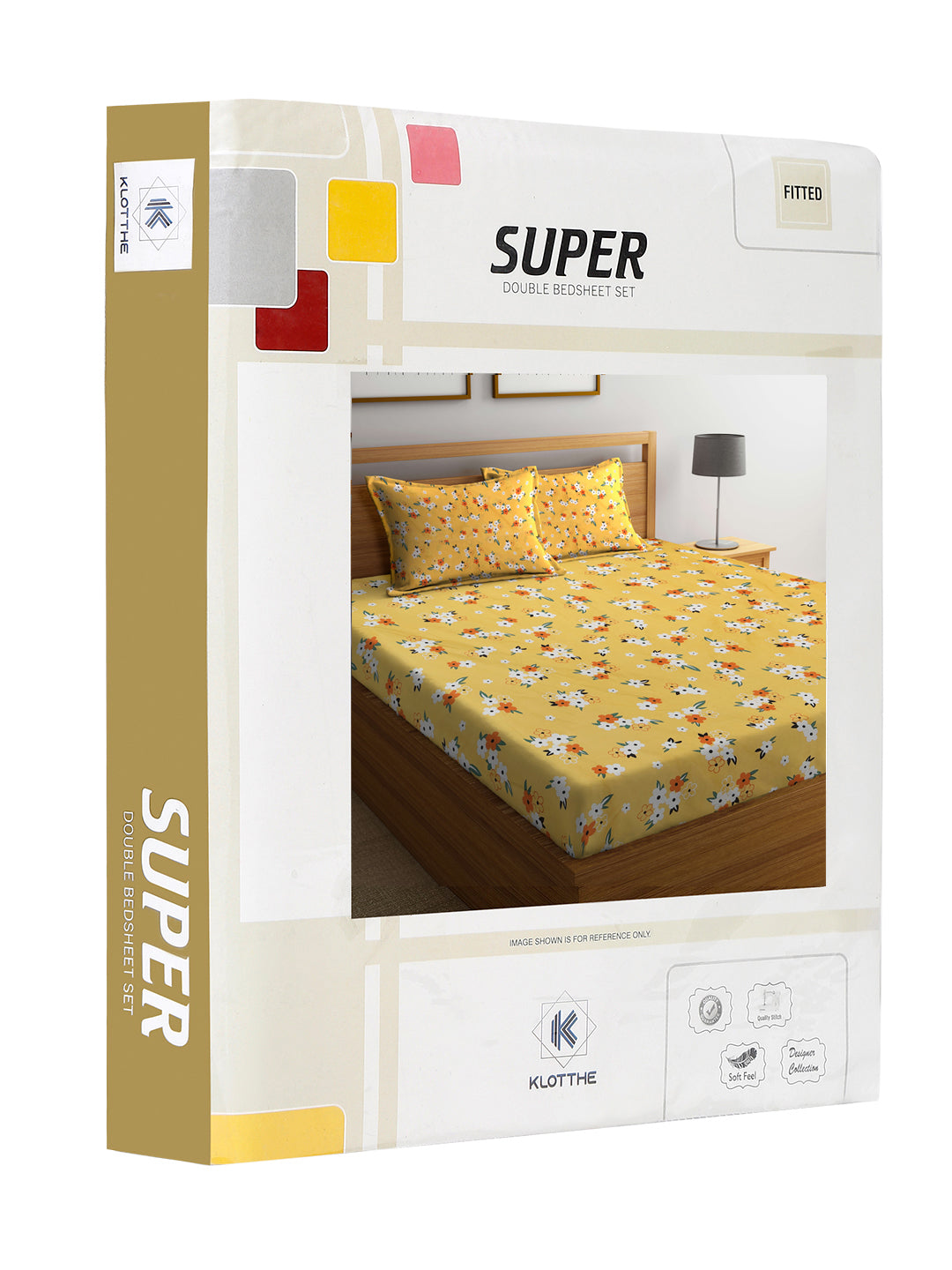 Klotthe Yellow Floral 300 TC Cotton Blend Fitted Double Bedsheet with 2 Pillow Covers in Book Fold Packing